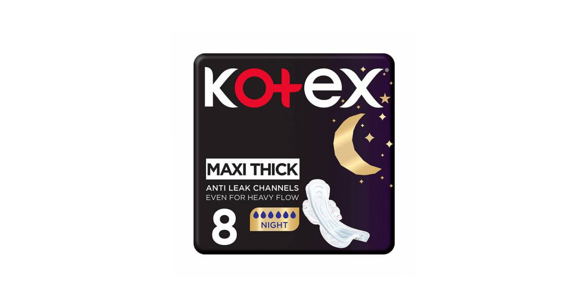 Kotex Maxi Night Pad 8 فوط صحية عادية ليلية بتصميم طويل مع اجنحة