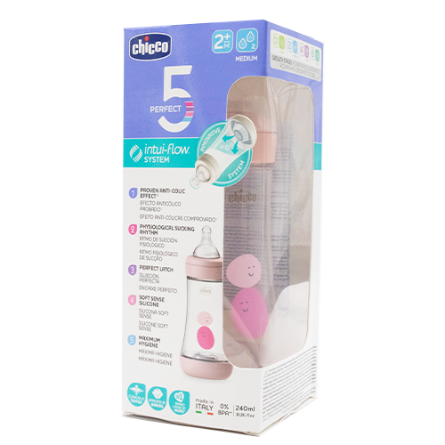 Chicco Perfect5 Baby Bottle 240ml (+2M Medium/Pink) رضاعة للأطفال