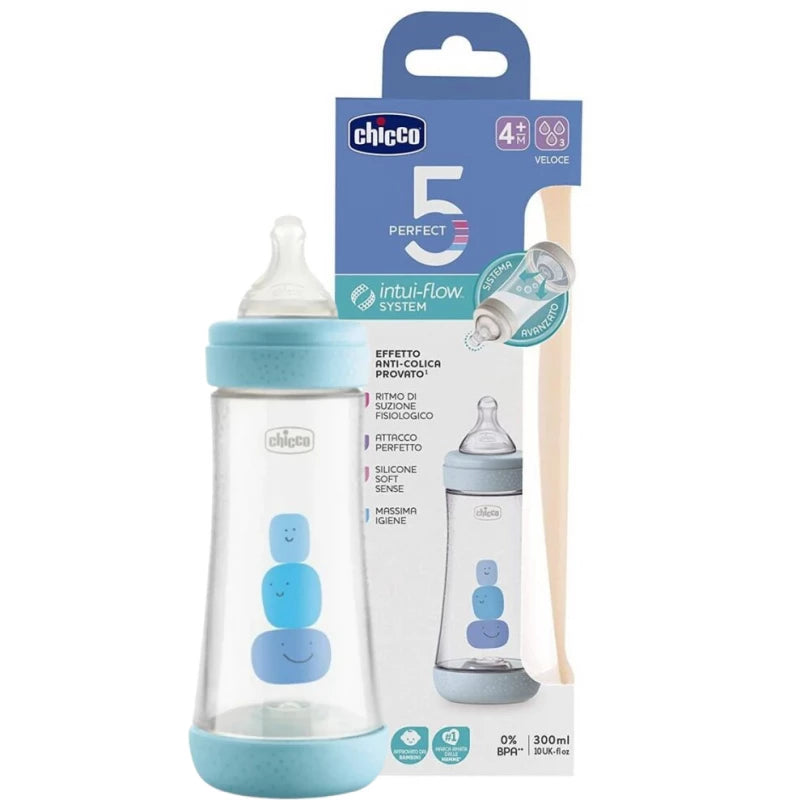 Chicco Perfect5 Baby Bottle 300ml (+4M Fast/Blue) رضاعة للأطفال