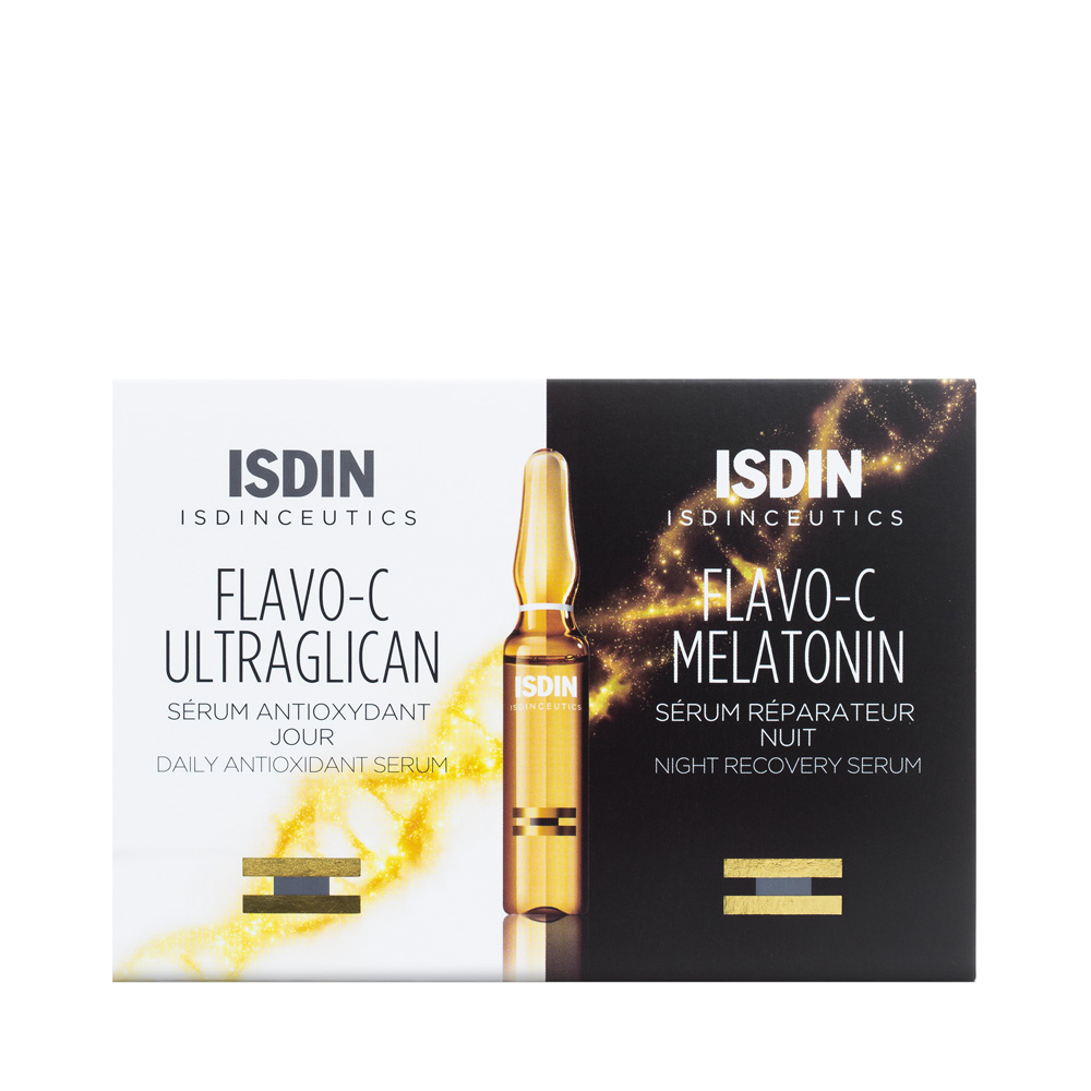 ISDIN Ceutics Flavo-C Ultraglycan & Melatonin 20 ampule* 2ml سيروم فيتامين سي النهاري و سيروم ليلي مضاد الشيخوخة