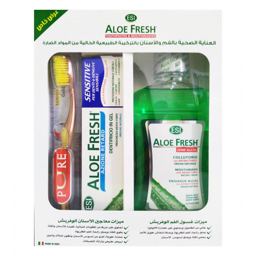 Offer Aloe Fresh Mouth Wash 500ml+ Sensitive Retard Tooth paste 100ml+ Wow Gold Tooth Brush Offer بكج العناية بالاسنان