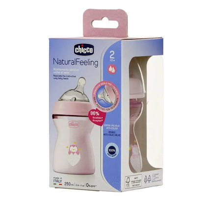 Chicco Natural Feeling Feeding Bottle 250ml (+2m Pink) رضاعة للأطفال