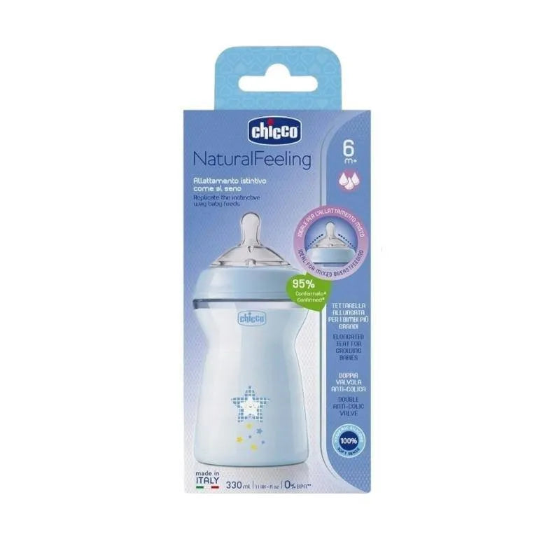 Chicco Natural Feeling Feeding Bottle 330ml (+6m Blue) رضاعة للأطفال