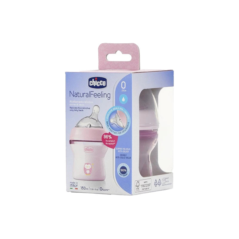 Chicco Natural Feeling Feeding Bottle 150ml (+0m Pink) رضاعة للأطفال