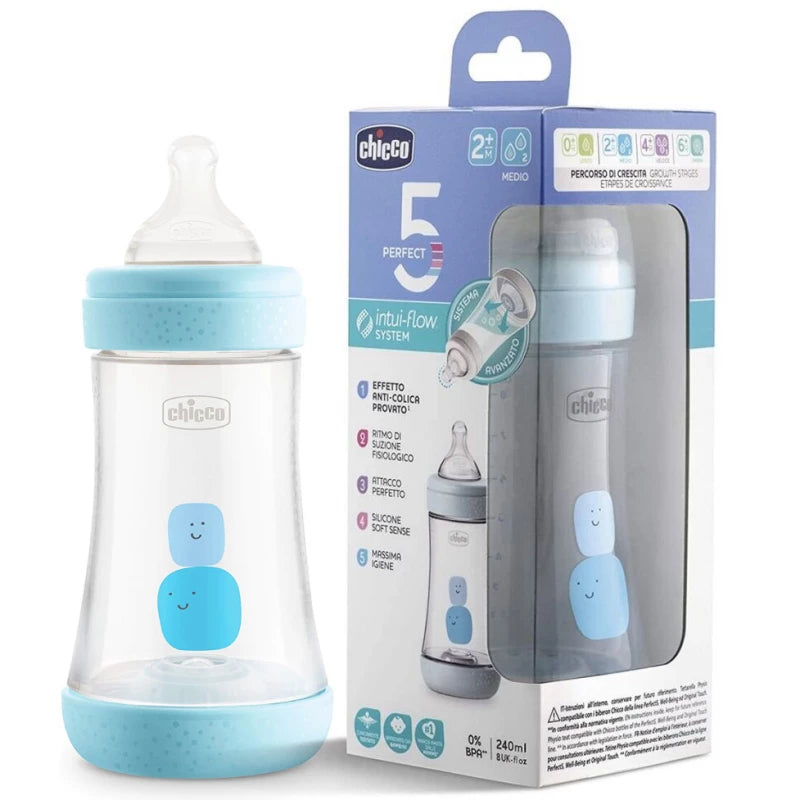 Chicco Perfect5 Baby Bottle 240ml (+2M Medium/Blue) رضاعة للأطفال