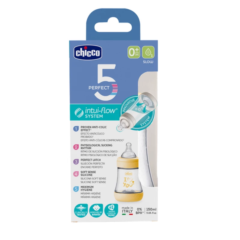 Chicco Perfect5 Baby Bottle 150ml (+0M Medium/yellow) رضاعة للأطفال