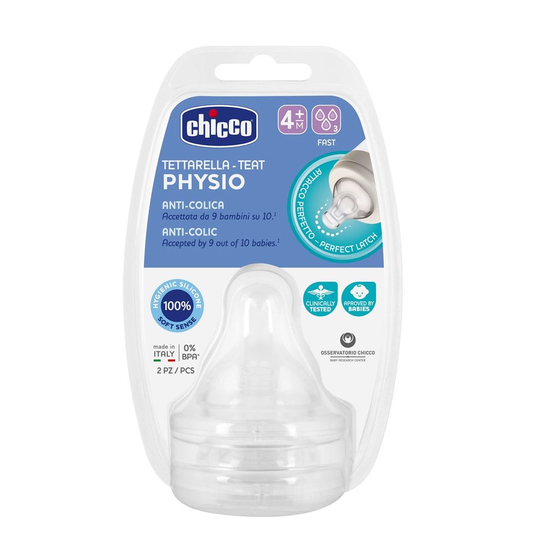 Chicco Physio Teat Silicone Nipple 2 Pcs (+4M Fast) حلمة رضاعة شيكو
