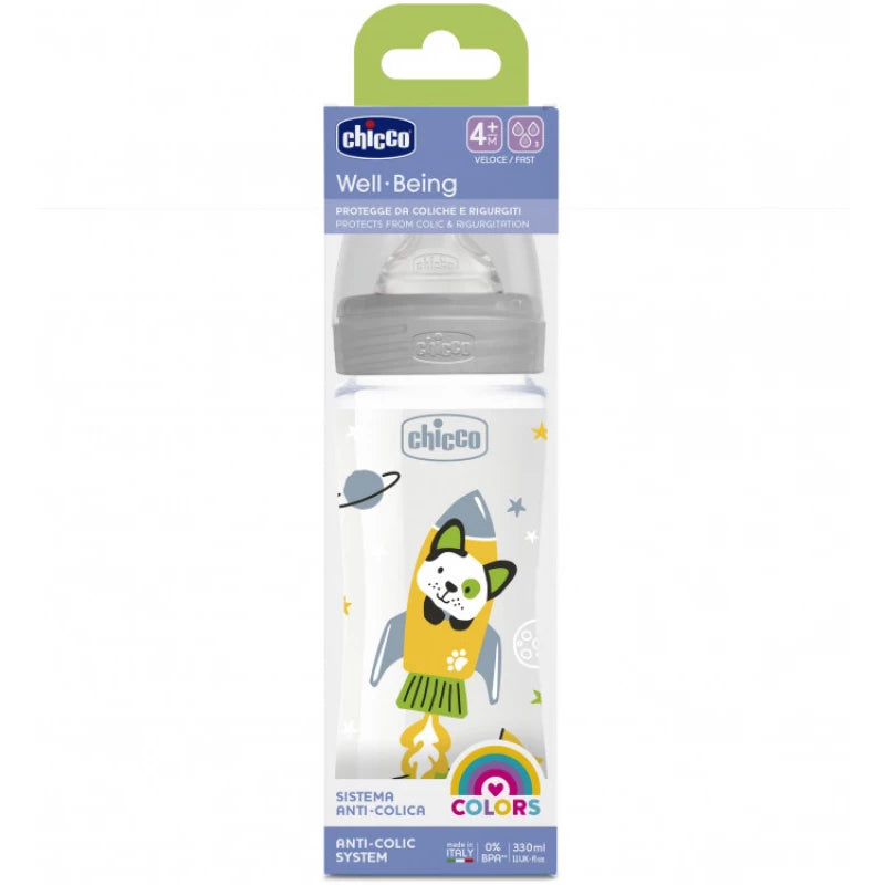 Chicco Well Being Baby Bottle 330ml (+4M Fast/Grey) رضاعة للأطفال
