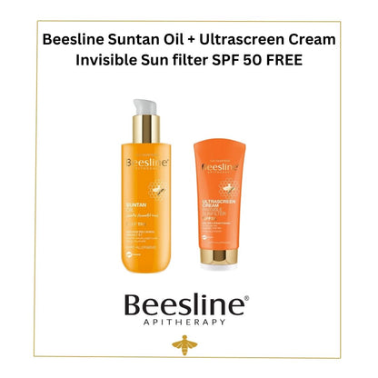 Offer Beesline Suntan Carrot Tanning Oil 200ml +Ultrascreen Spf50+ Invisiable Cream 60ml Free واقي شمس مع زيت الاسمرار